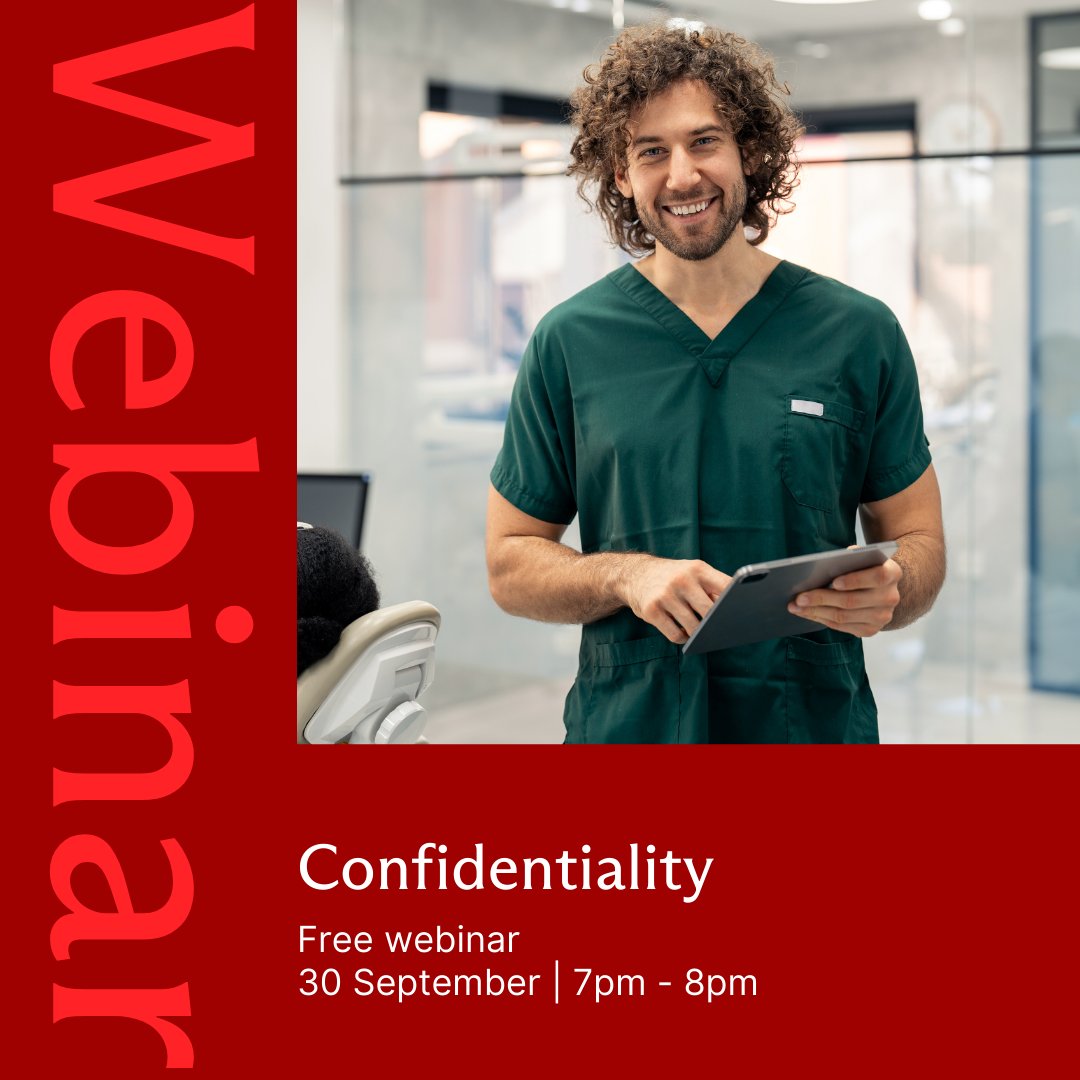 Join us for a free webinar on confidentiality in dentistry tomorrow.

Including staying safe with social media and managing requests from patients, the police, and other bodies.

Register here: ow.ly/4ysg50WPy06