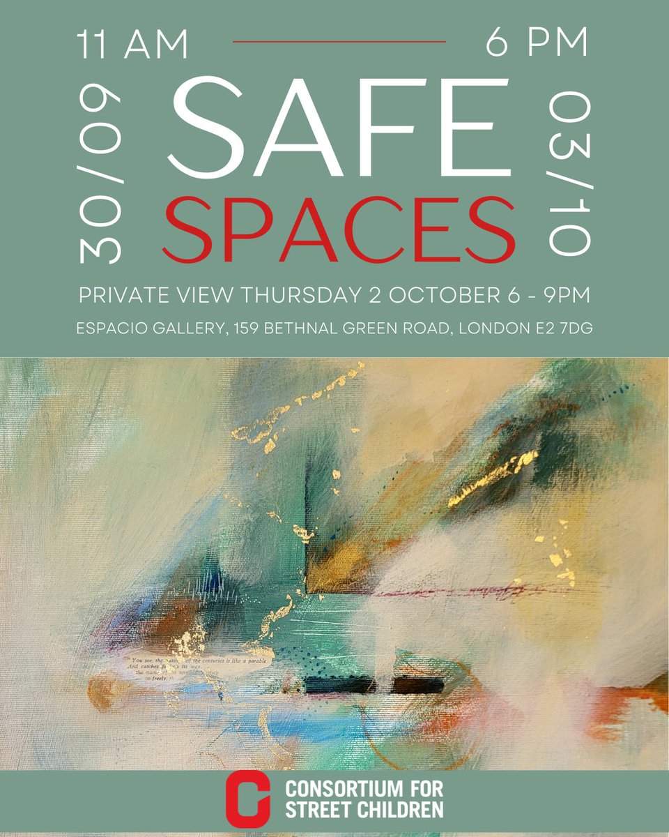 streetchildren's tweet photo. Join us for the Safe Spaces exhibition opening tomorrow at Espacio Gallery! 🎨 

Register for your free ticket to join the private reception on Thursday 2 October: https://t.co/1PEJVBOp4Y https://t.co/zOdmrC6tfl