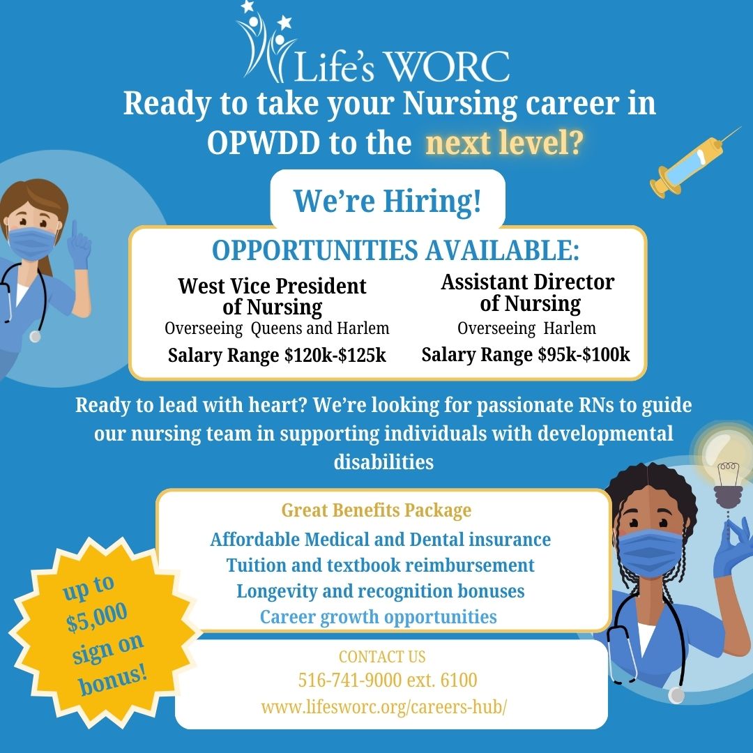 We’re hiring!
Open RN leadership roles:
• West VP of Nursing – Queens &amp; Harlem
• Assistant Director of Nursing – Harlem
$95k–$125k + great benefits + up to $5,000 sign-on bonus.
Apply now: lifesworc.org/careers-hub

#NursingJobs #HealthcareCareers #LifesWORC