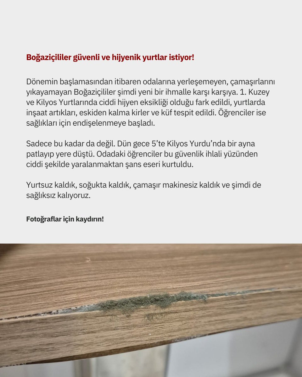 boun_otk's tweet photo. Dönemin başlamasından itibaren odalarına yerleşemeyen, çamaşırlarını yıkayamayan Boğaziçililer şimdi yeni bir ihmalle karşı karşıya. Yurtsuz kaldık, soğukta kaldık, çamaşır makinesiz kaldık ve şimdi de sağlıksız kalıyoruz. 

Boğaziçililer güvenli ve hijyenik yurtlar istiyor! https://t.co/NM5S233O5D