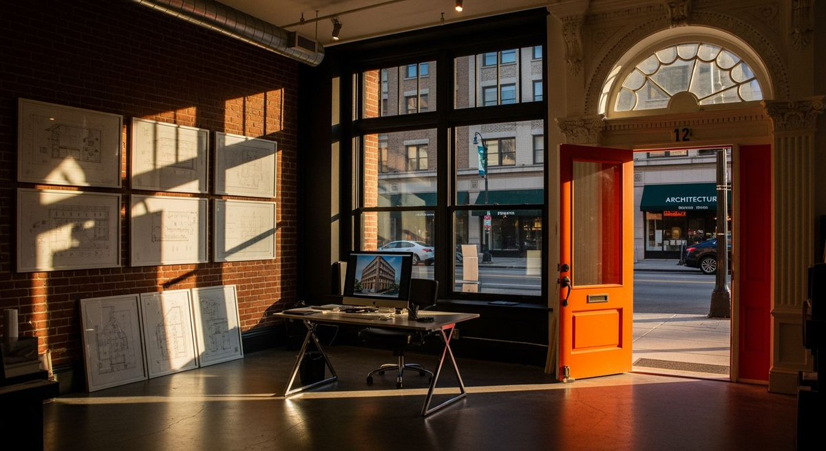 p_chusaengsri's tweet photo. Brightly lit architectural office with plans on walls, modern desk, and an open orange door showcasing a city view.
#ArchitecturalDesign #ModernOffice #CityView #InteriorInspiration #BrightSpaces https://t.co/NJbLT2D85y