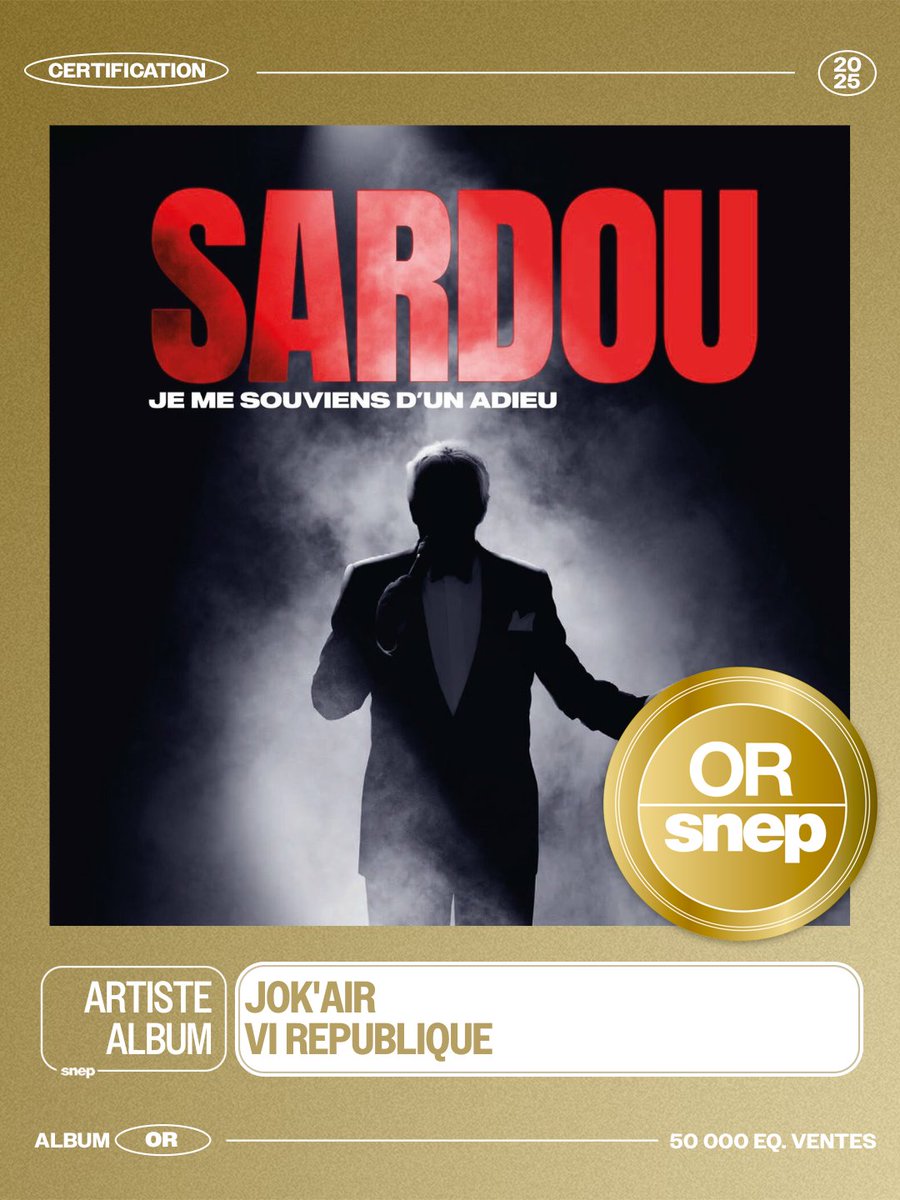 snep's tweet photo. L'album « Je me souviens d’un adieu » de Michel Sardou est certifié Or ! 📀

50 000 équivalents ventes 📈

Bravo ! 👏 https://t.co/i2P0BshVBX