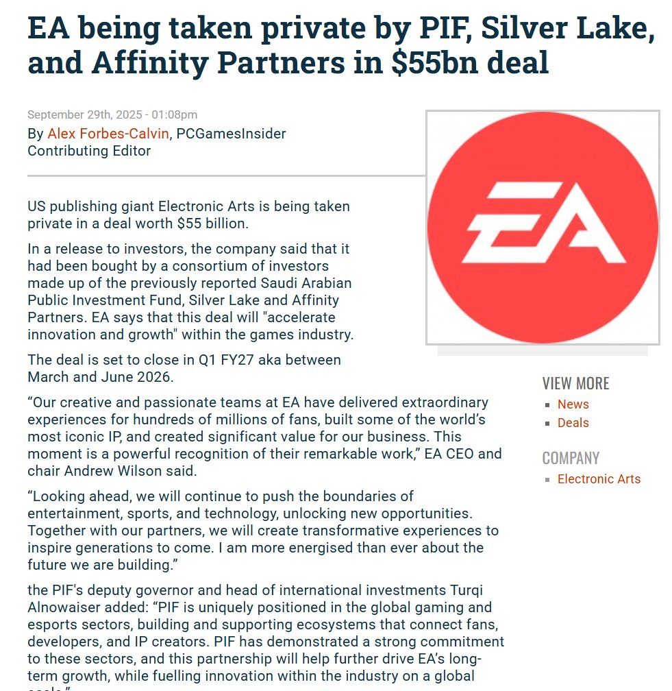 EA Games has been taken private in a $55 billion deal.

Could this mark the point where the gaming market leaves the bottom?