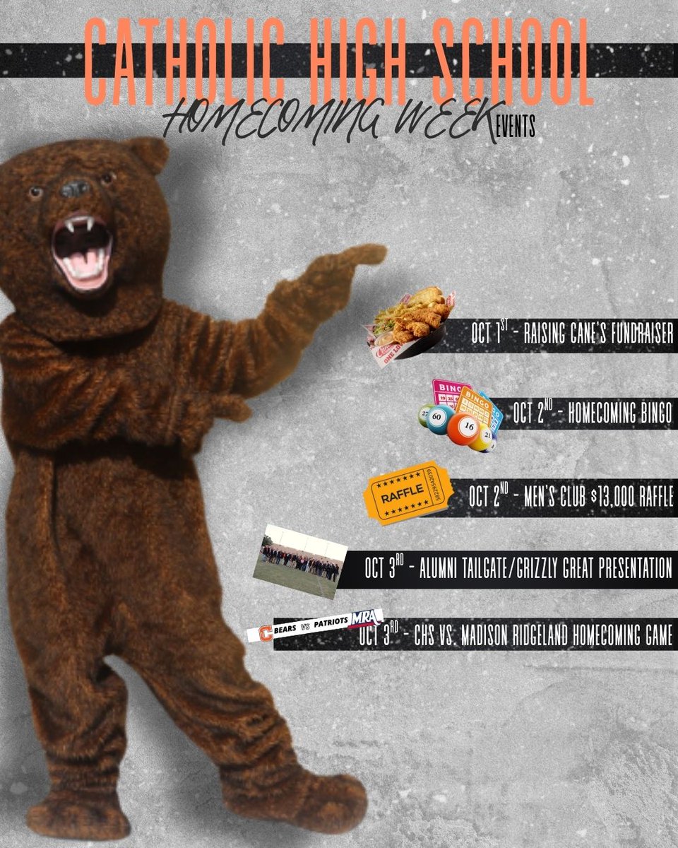 CHS_BR's tweet photo. It's HOMECOMING WEEK! And you're invited to participate in the fun. We hope to see everyone at one (or all) of the fun events this week. Go bears🐻 #CHS #CHSBR #CatholicHighSchool https://t.co/7L8UY9Ku1J