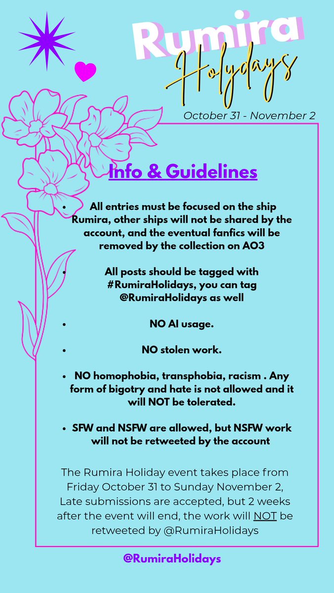 RumiraHolidays's tweet photo. The dates, prompts and guidelines for Rumira Holidays are here!
Since there was ao3 down for most of the day 6 of the Rumira Week, I thought about organising this little event to make up for the lost time and for the people who couldn't participate!

DMs are open for questions! https://t.co/ous4Gk8VZw