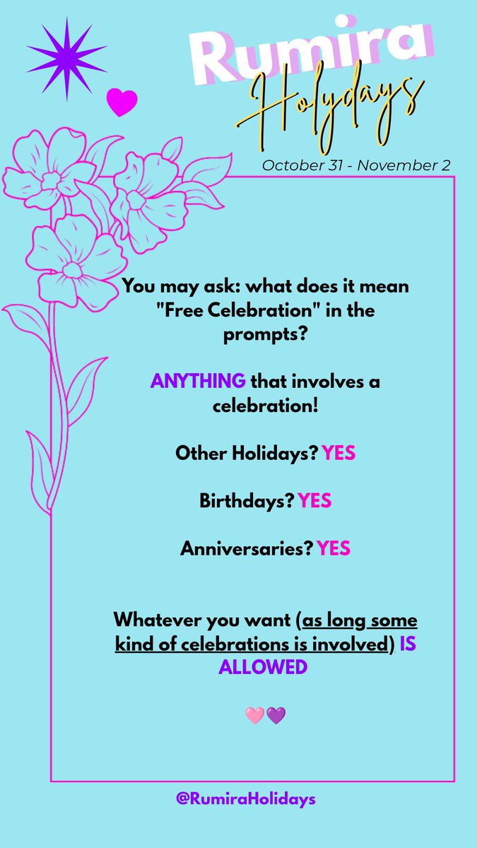 RumiraHolidays's tweet photo. The dates, prompts and guidelines for Rumira Holidays are here!
Since there was ao3 down for most of the day 6 of the Rumira Week, I thought about organising this little event to make up for the lost time and for the people who couldn't participate!

DMs are open for questions! https://t.co/ous4Gk8VZw