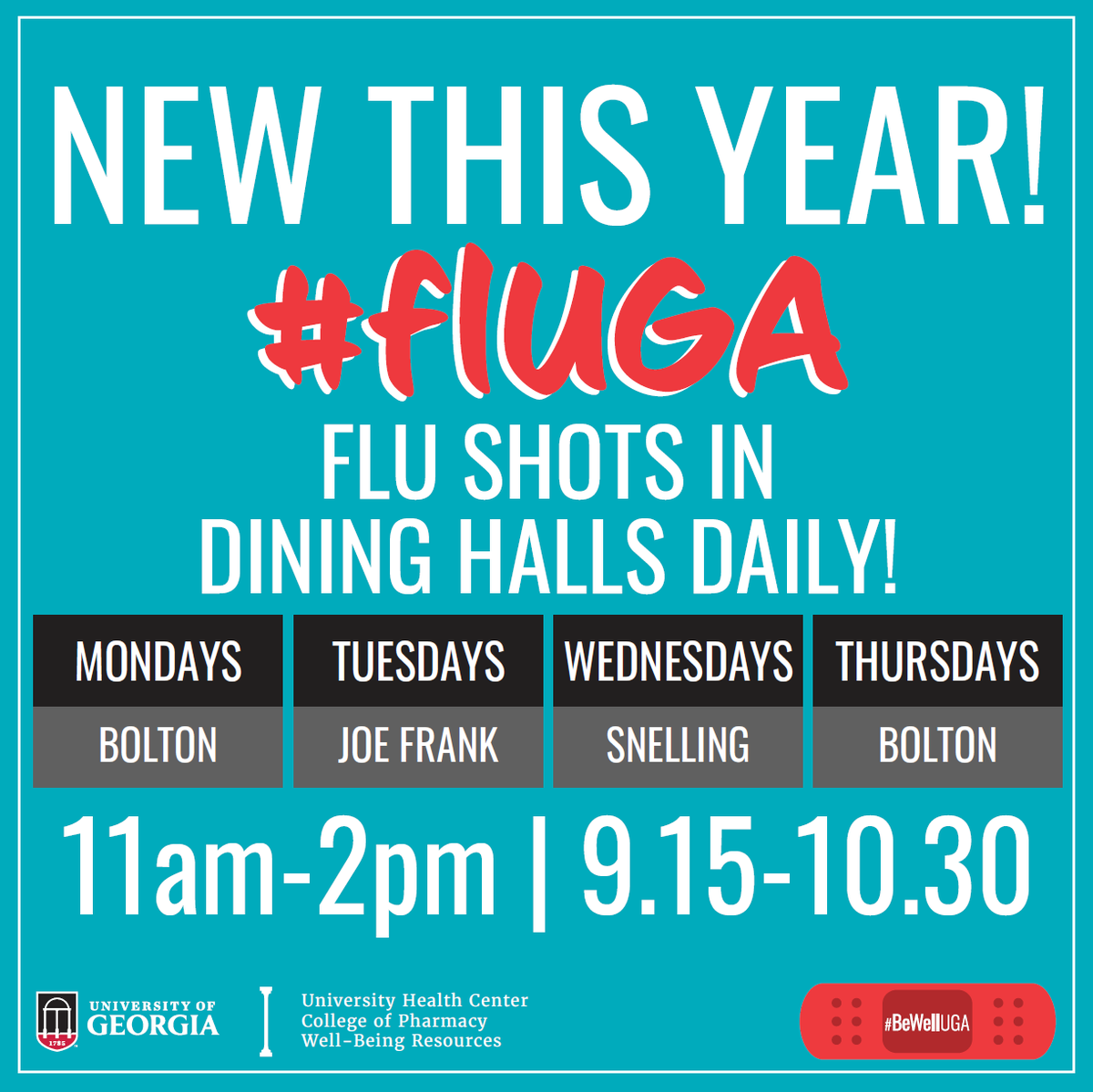 UGAHealthCenter's tweet photo. 💉✨ New this year! Get your flu shot at no out-of-pocket cost without leaving campus at @ugadining locations! Catch #flUGA at Bolton, Joe Frank, and Snelling from 11am–2pm Monday through Thursday. Stay healthy, Dawgs! ❤️🖤 #BeWellUGA #FluShot #UGA https://t.co/LQ2JIfbFGA
