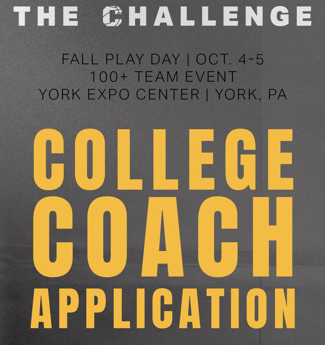 The Challenge (@thechallenge___) on Twitter photo 🚨 COLLEGE COACHES 🚨
The fall’s BIGGEST chance to check out hundreds of prospects in one place! 👀
125 teams. 8 courts. All under 1 roof! 
📍 York PA - York Expo Center
🗓️ October 4th & 5th, 2025
Credentials + Packet Info: challengehoops.com/college-coaches 🚨 COLLEGE COACHES 🚨
The fall’s BIGGEST chance to check out hundreds of prospects in one place! 👀
125 teams. 8 courts. All under 1 roof! 
📍 York PA - York Expo Center
🗓️ October 4th & 5th, 2025
Credentials + Packet Info: challengehoops.com/college-coaches