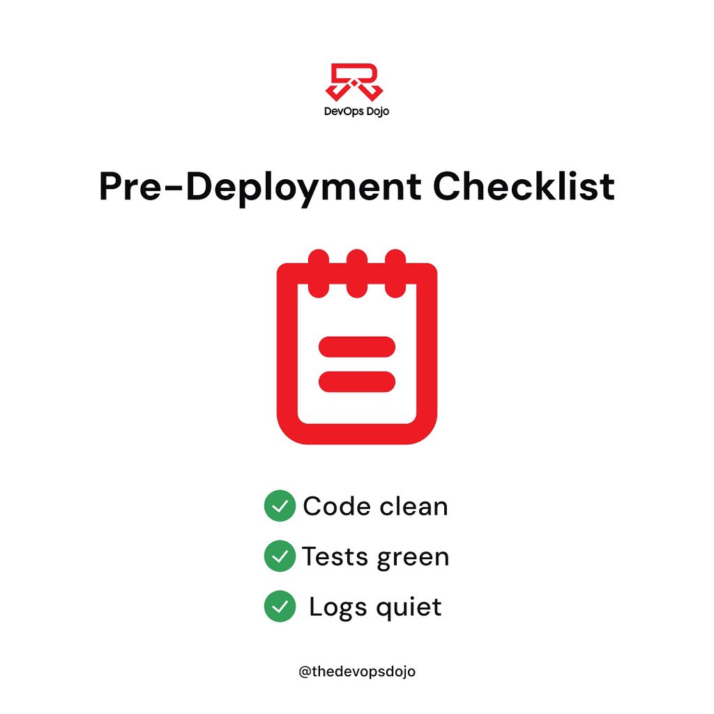 thedevopsdojo's tweet image. Before you press deploy, ask yourself:
Is it clean? Is it tested? Is it quiet?
If yes, you're good to go.
#PreDeployChecklist #DevOpsPractice
#TheDevOpsDojo