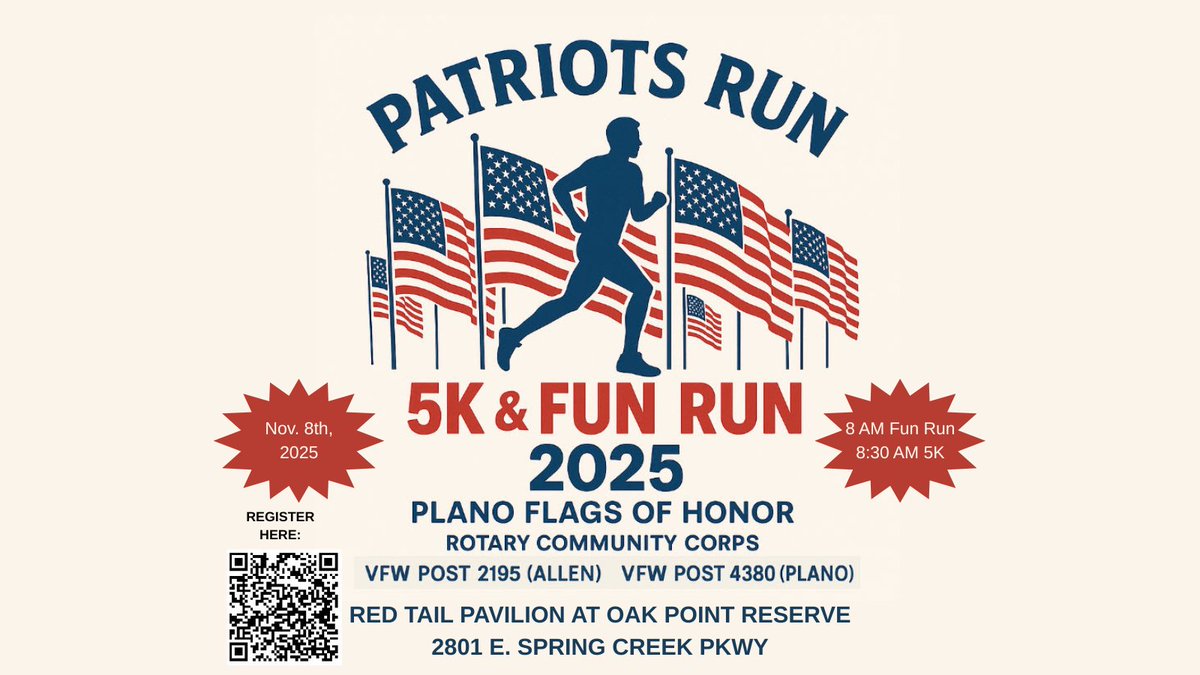 Join us for our first-ever Patriot Run! It's more than a race- its a tribute to service, sacrifice, and community pride. Whether you come to run, walk, volunteer, or cheer, you'll be part of a tradition we hope will grow stronger every year.

SIGN UP: planoflagsofhonor.com/patriots-run-r…