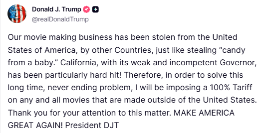 OsintUpdates's tweet photo. ⚡ BREAKING: US President Donald Trump announces 100% tariffs on 'Movies' made outside the United States https://t.co/OXmmiBVhwL
