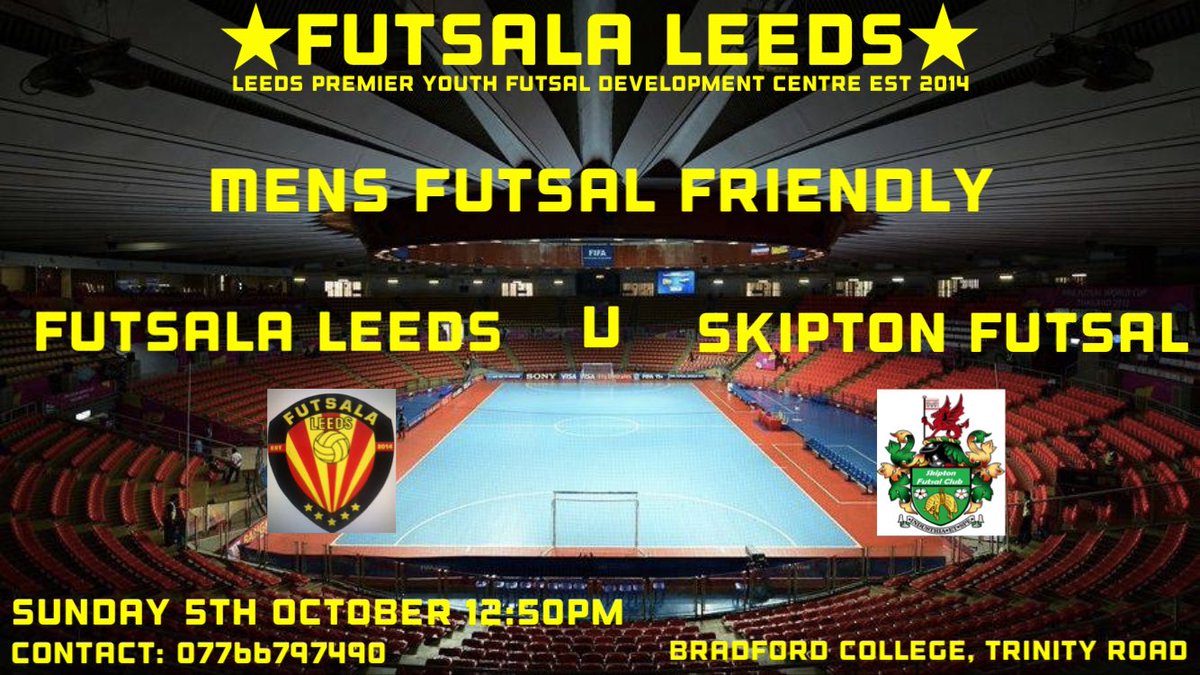 This Sunday 5th October we welcome <a href="/FutsalSkipton/">Skipton Futsal Club</a> men’s team over for a friendly game at our Bradford college match day venue,

Should be a great game and gives us a chance to get some much needed court time as we build for next season,

12:50pm kick off