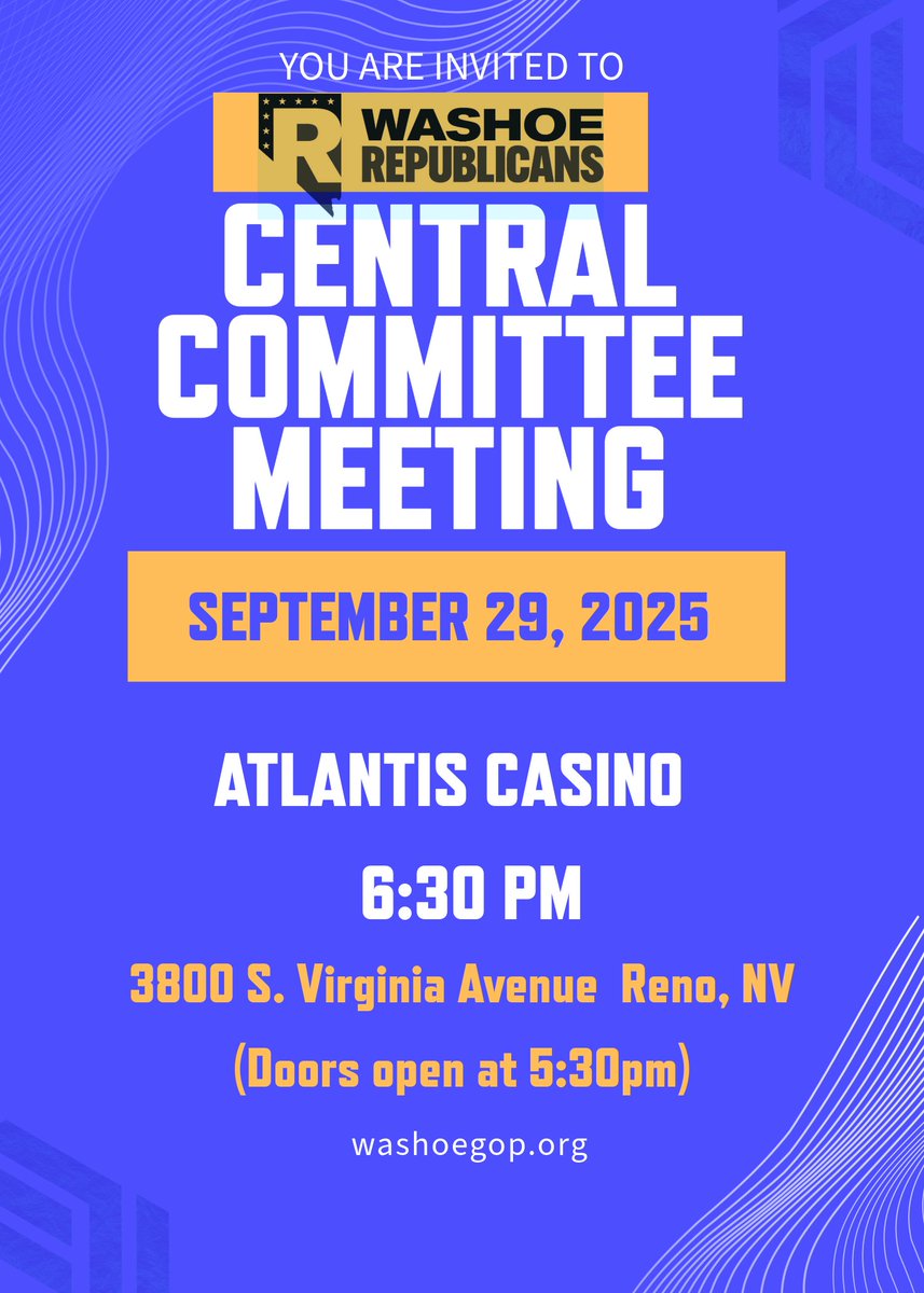 RealWashoeGOP's tweet image. TONIGHT: WASHOE COUNTY REPUBLICAN PARTY CENTRAL COMMITTEE MEETING

Atlantis Casino
3800 S. Virginia Avenue
Reno, Nevada 

If you are in the Reno-Sparks metroplex, you do not want to miss this event as lots of information will be presented.

#RIPCharlieKirk #nevada #nvgop