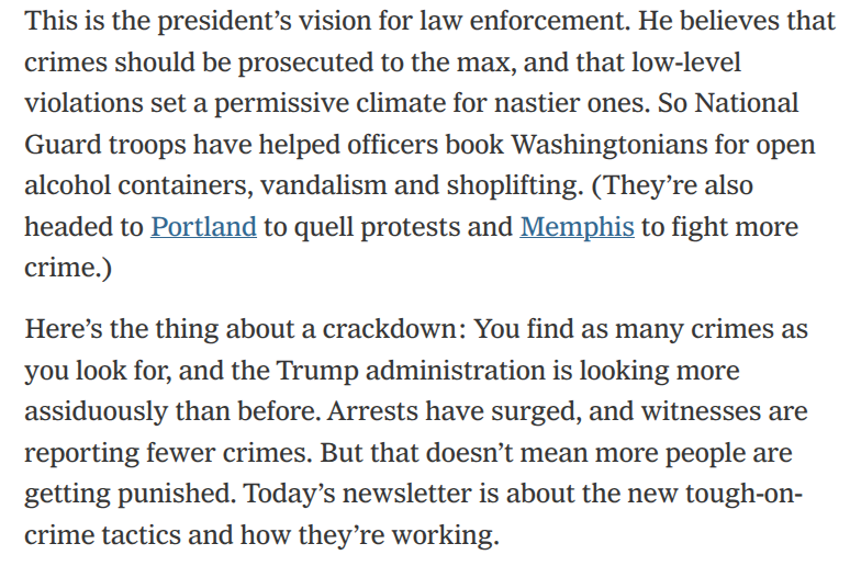 As a longtime public defender and person with a new book on safety coming in Feb, this NYT breakdown on how Trump’s tactics on crime are a redux of bad ideas we’ve tried before and recognized don’t pan out. 

Here’s the details. (I'll link the article in the thread)