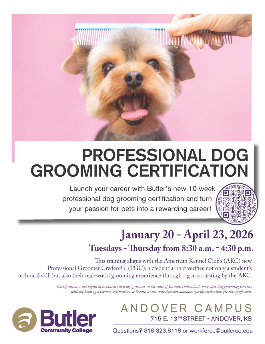 WorkforceButler's tweet image. Professional Dog Grooming Certification - Andover, KS. Register today! @ButlerCC  workforce.butlercc.edu/courseDisplay.…