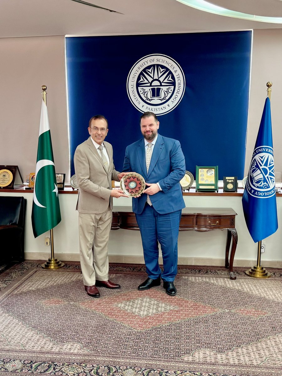 DanStoenescu's tweet photo. Today I had the pleasure of meeting 🎓 Dr. Muhammad Zahid Latif, Rector of @ThisIsNUST – one of Pakistan’s top universities.

We discussed strengthening 🇷🇴🤝🇵🇰 ties in:
✨ Education – exchanges, joint research, + a future MoU with @upb1818 🏛️
🎭 Culture – Romanian events at NUST + a possible Romanian Chair
💻 Technology – AI, aerospace, data science, biotech 🚀🧬

NUST, with 22 PhD schools + 20,000 students, is truly impressive! 🌍📚

Confident this dialogue will open new avenues for 🇷🇴 & 🇵🇰 cooperation.
