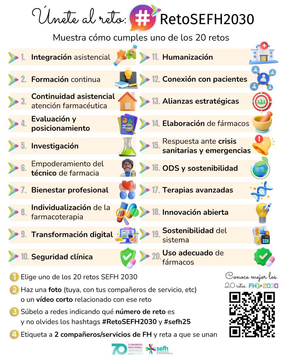Quedan 2 semanas para #sefh25 y ya puedes sumarte al #RetoSEFH2030 🌍🏥💡

Comparte en X o Instagram cómo contribuyes en tu día a día a alguno de los 20 retos y etiqueta a 2 compañeros para seguir impulsando esta iniciativa

Más info👇👇