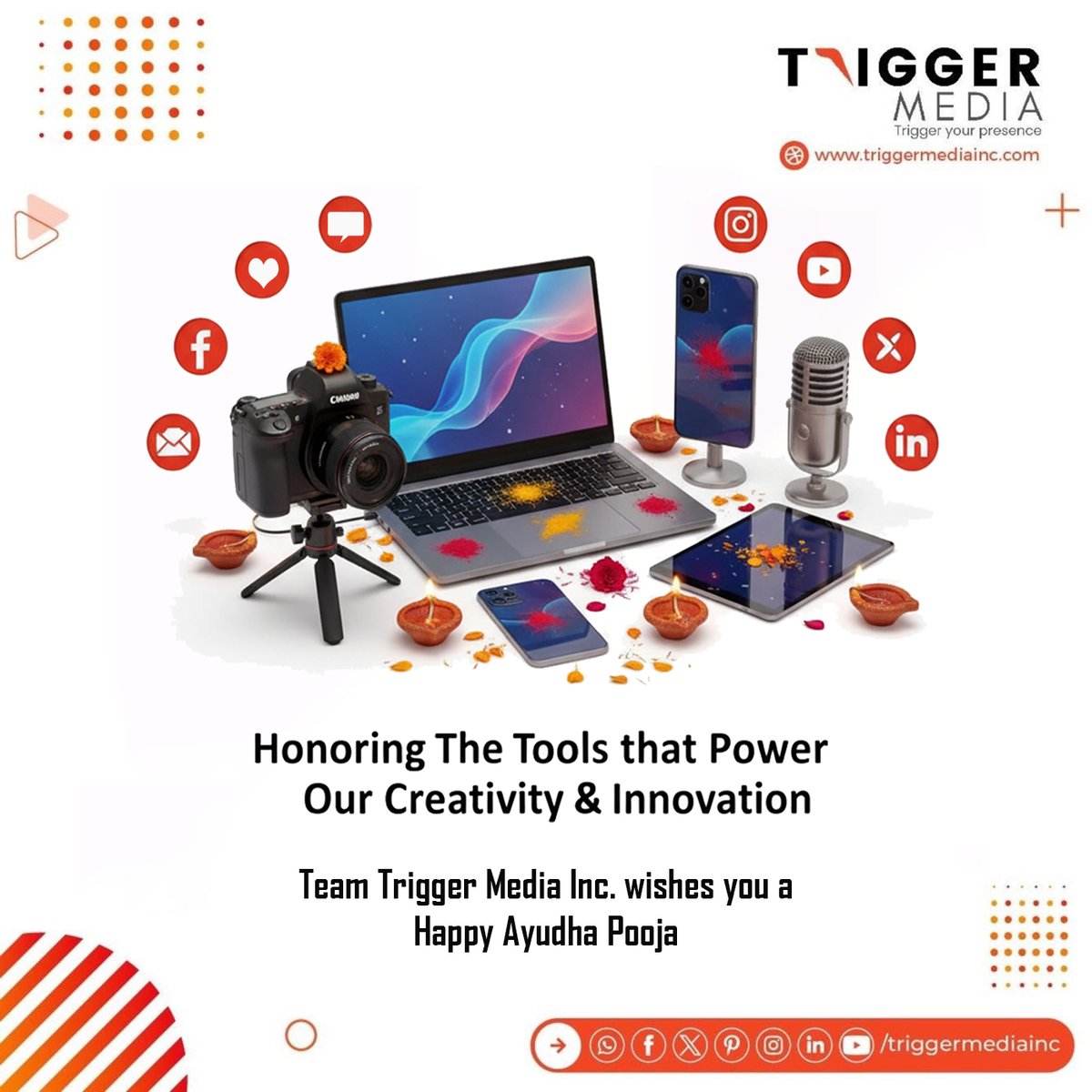TriggerMediaInc's tweet photo. This #AyudhaPooja, we honor the very tools that empower us to create, connect, and celebrate innovation every day. 💻
From pixels to platforms, from content to code – every tool plays its part in shaping digital success. 🚀
Team #TriggerMediaInc. wishes you a Happy Ayudha Pooja! https://t.co/ZGkhjrTRac