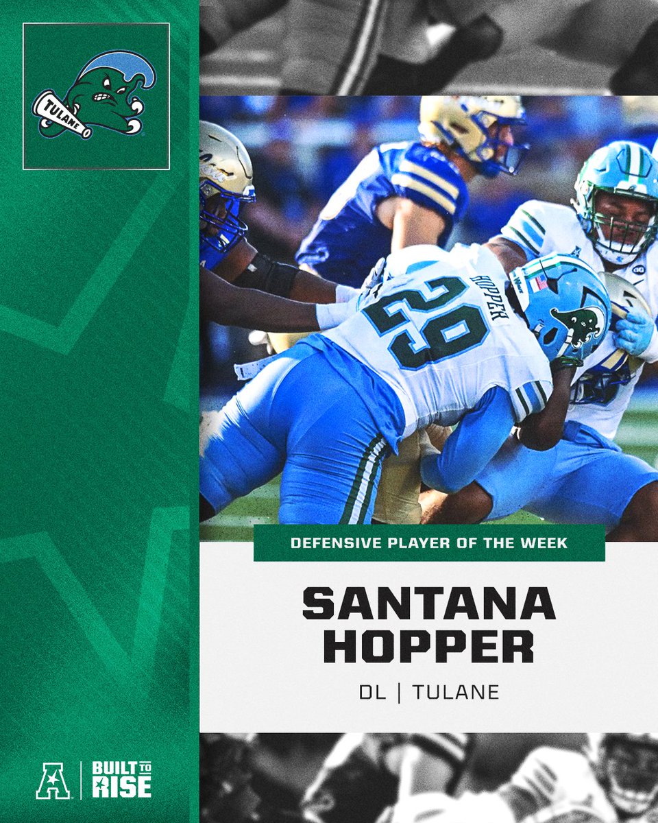 American_Conf's tweet photo. 𝗗𝗲𝗳𝗲𝗻𝘀𝗶𝘃𝗲 𝗣𝗹𝗮𝘆𝗲𝗿 𝗼𝗳 𝘁𝗵𝗲 𝗪𝗲𝗲𝗸🏈

Santana Hopper x @GreenWaveFB 🌊

#BuiltToRise x #AmericanFB https://t.co/fVBBc1MxKf