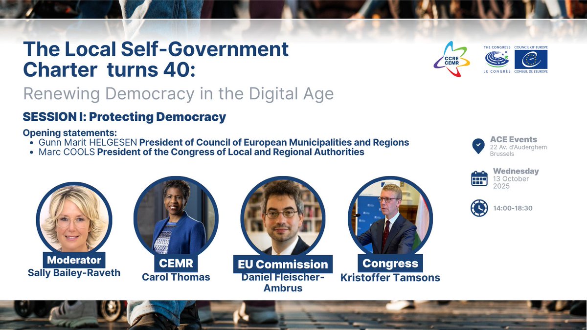 ⚠️Disinformation threatens trust, divides communities &amp; undermines democracy.

On 13 Oct, we’ll discuss how to protect democracy and build resilience with leaders from <a href="/COECongress/">Congress of Local and Regional Authorities</a> and expert from the <a href="/EU_Commission/">European Commission</a> 

👉 Register here: forms.office.com/pages/response…

#misinformation