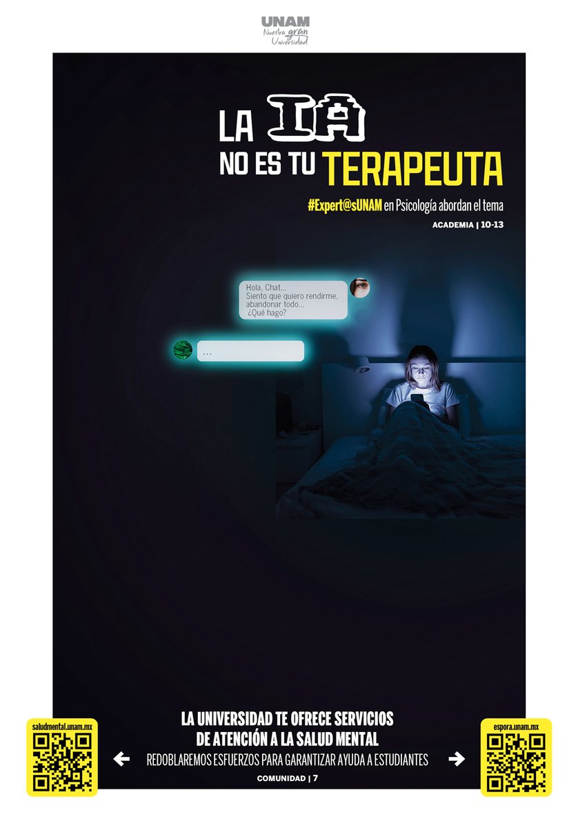 UNAM_MX's tweet photo. #Contraportada La IA no es tu terapeuta. @Gaceta_UNAM > https://t.co/jPqPCWAkEx https://t.co/CDfWjuLgKn