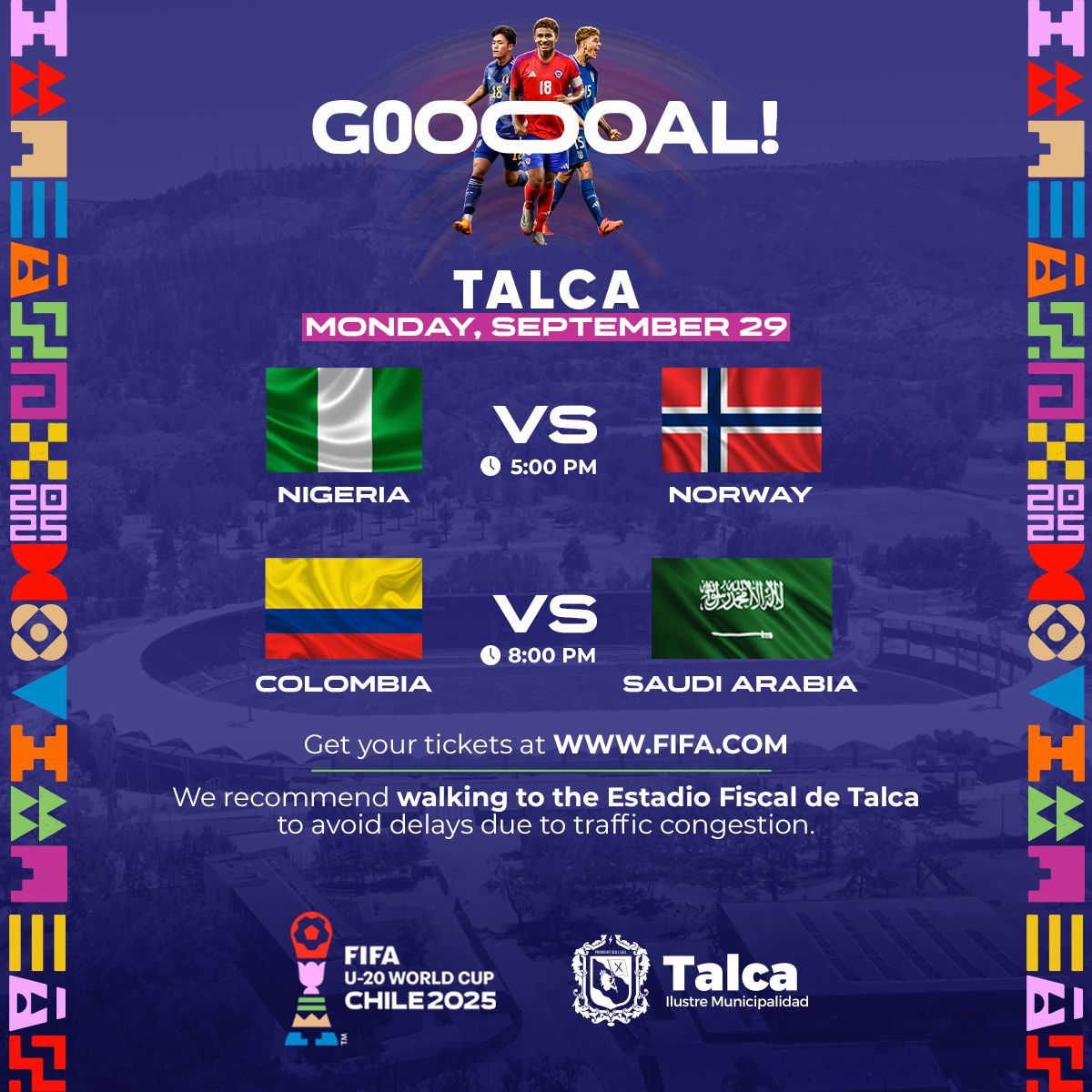 La capital del Maule 🌸🌄 se llena de orgullo 💜🙌 al ser una de las cuatro sedes oficiales 🌍🎊, recibiendo a miles de hinchas 🎶🥁🎺 y a selecciones de gran nivel.