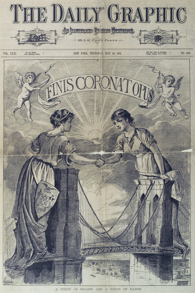 Me he encontrado con esta imagen tan bonita del día de la inauguración del Puente de Brooklyn.

Las dos mujeres representan a Manhattan y Brooklyn, que en ese momento eran dos ciudades distintas. ➡️