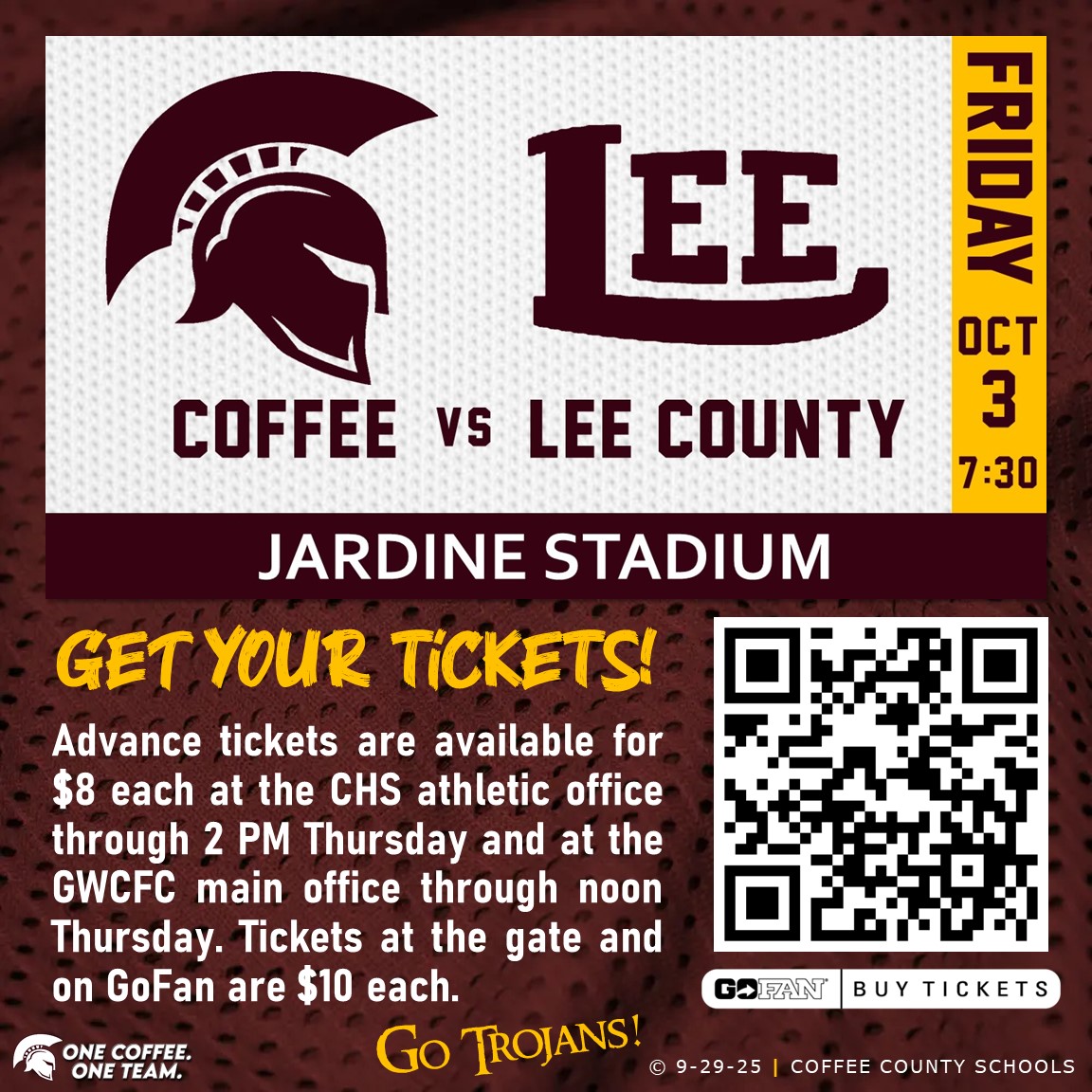 The Coffee High Trojans will host the Lee County Trojans this Friday night at Dan A. Jardine Stadium. Kickoff is at 7:30.

Tickets are also available for $10 each (ages 5 &amp; up) at the gate Friday night and online via GoFan (gofan.co/event/4772527?…).

GO TROJANS!