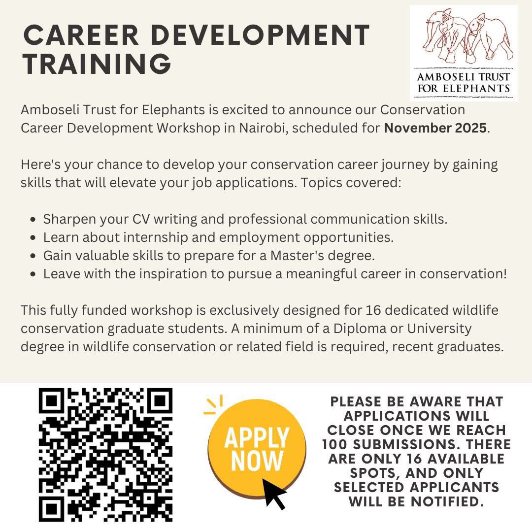 ElephantTrust's tweet image. Applications now open!
This November, we will host a fully funded Career Development Workshop in Nairobi for 16 recent conservation graduates. 🌍🐘
Sharpen skills, explore opportunities &amp;amp; prepare for the next step in your career.
Limited spots form.jotform.com/250352330294045