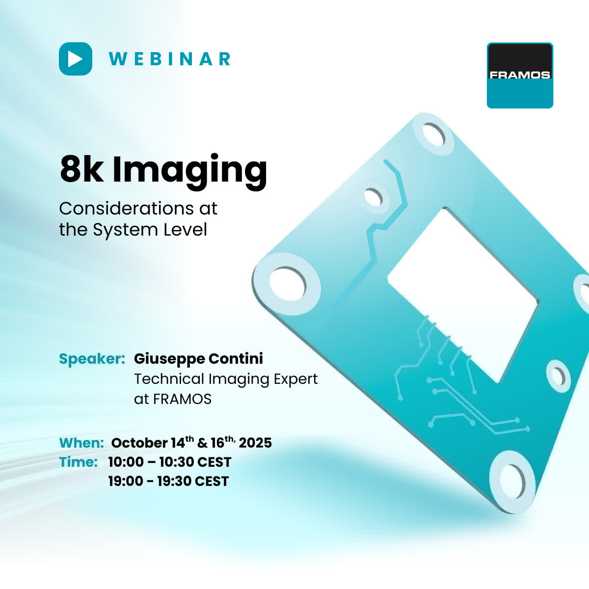 framosimaging's tweet image. Join FRAMOS experts to explore how every component: sensor, lens, ISP, interface, encoder - affects performance.
👉 Register to learn how to design complete 8K vision system from sensor to stream: bit.ly/4mtBNiH?utm_ca…
#8KImaging #VisionSystems #ImagingTechnology