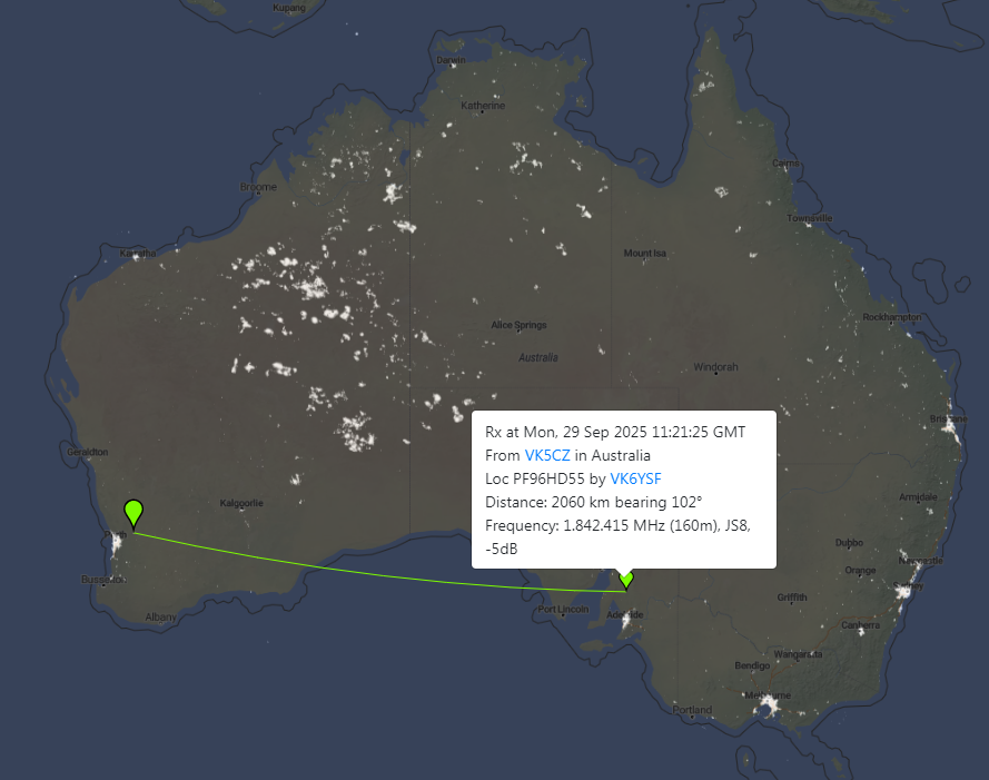 vk6ysf97230's tweet image. Contact made with Ian (VK5CZ)
Clare, South Australia
29 Sept 2025 11:40 - 12:23 Z

Freq: 18422.0 kHz (Dial)
Mode: JS8Call
TX: 25Watts
RX: -09dB SNR (Surprisingly very variable) 
Distance: 2060 km

MSG to inbox, rcvd &amp;amp; reply MSG. 100% print. 

#js8call #160mband #hfradio