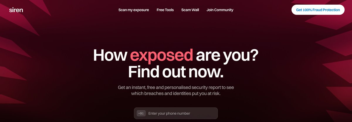 🚨 Introducing Siren, India’s AI scam shield!
Stay safe online, with every call &amp; chat protected.

✅ Realtime Scam alerts 
✅ Darkweb exposure check
✅ Caller screening 
✅ Family protection
✅ Fraud warranty + #ScamSafeIndia community

💡 Early access → joinsiren.com