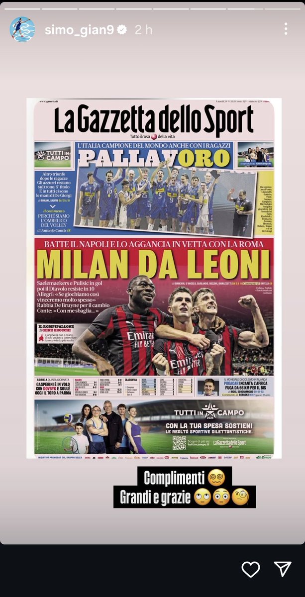 Il capitano!
Capisco che il calcio sia lo sport più importante in Italia, ma una cazzo di partita ad inizio campionato più importante di una squadra due volte consecutive campioni del mondo, in alto anche con la femminile ed eccellenti nelle giovanili.
🤢🤬🤬🤬

#italvolley