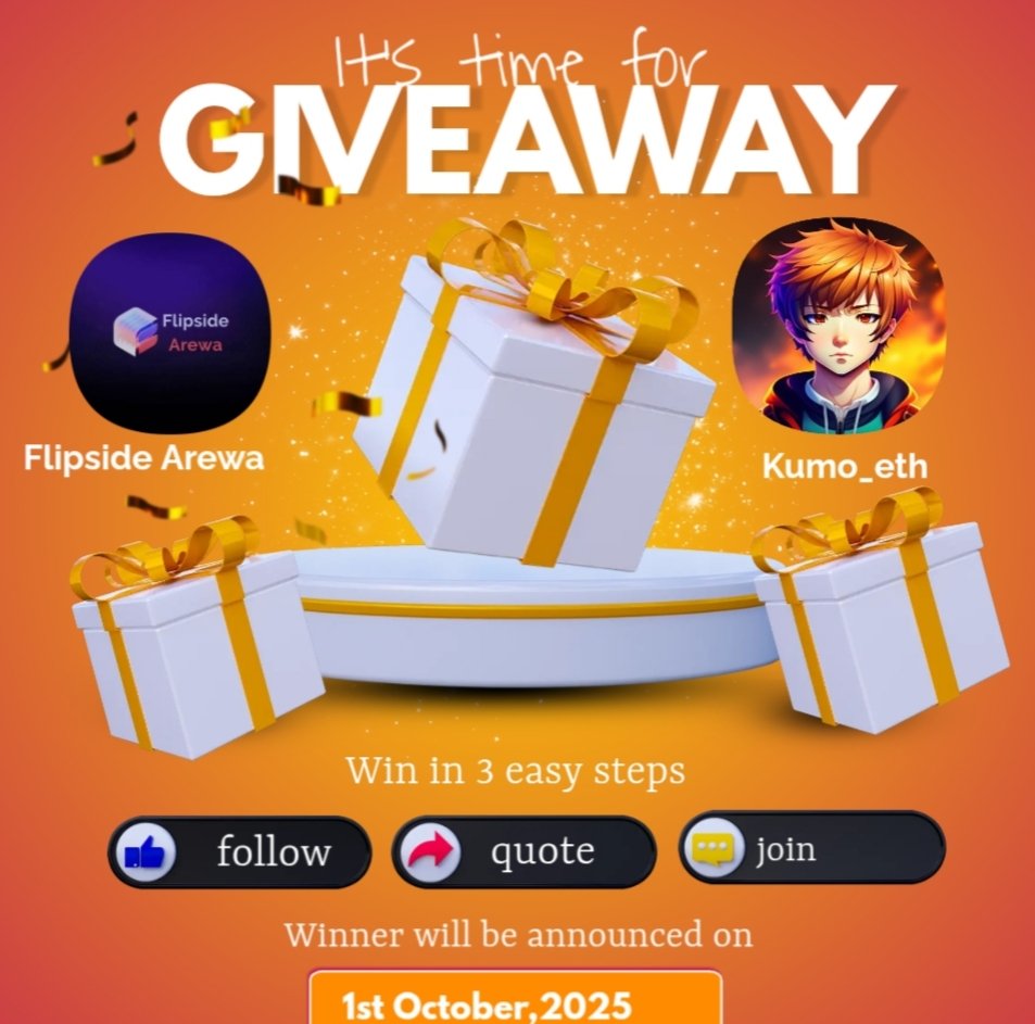 🚨₦30,000 Giveaway 

👉 10 lucky winners will each bag ₦3,000 

How to Enter:
1️⃣ Follow <a href="/kumo_eth/">Fibonacci</a> &amp; <a href="/FlipsideArewa/">Flipside Arewa</a>, then quote <a href="/kumo_eth/">Fibonacci</a>’s pinned tweet
2️⃣ Join Telegram community: t.me/+_jOrKScIPbA4O…
3️⃣ ❤️ Like | 🔁 Retweet | 🏷️ Tag 3 friends
4️⃣ Drop your account number &amp;