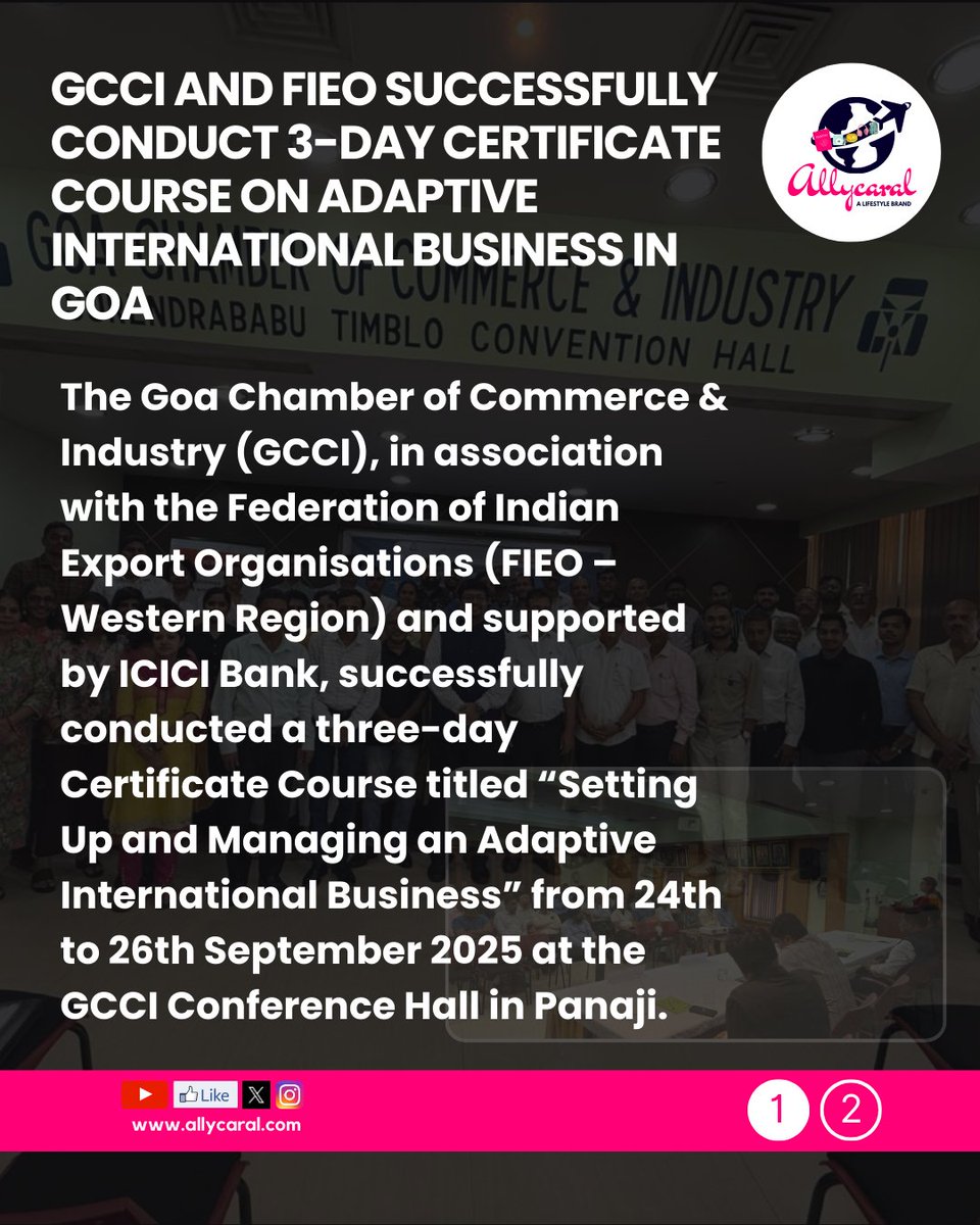 ALISHA (@allycaralgoa) on Twitter photo Great turnout at GCCI’s 3-day course on Adaptive International Business with FIEO & <a href="/ICICIBank/">ICICI Bank</a>! 🌍💼 50+ participants gained hands-on insights into global trade.
Read on: allycaral.com/2025/09/29/gcc…
#GCCI #FIEO #Exports #MSMEs #Goa #TradeTraining Great turnout at GCCI’s 3-day course on Adaptive International Business with FIEO & <a href="/ICICIBank/">ICICI Bank</a>! 🌍💼 50+ participants gained hands-on insights into global trade.
Read on: allycaral.com/2025/09/29/gcc…
#GCCI #FIEO #Exports #MSMEs #Goa #TradeTraining