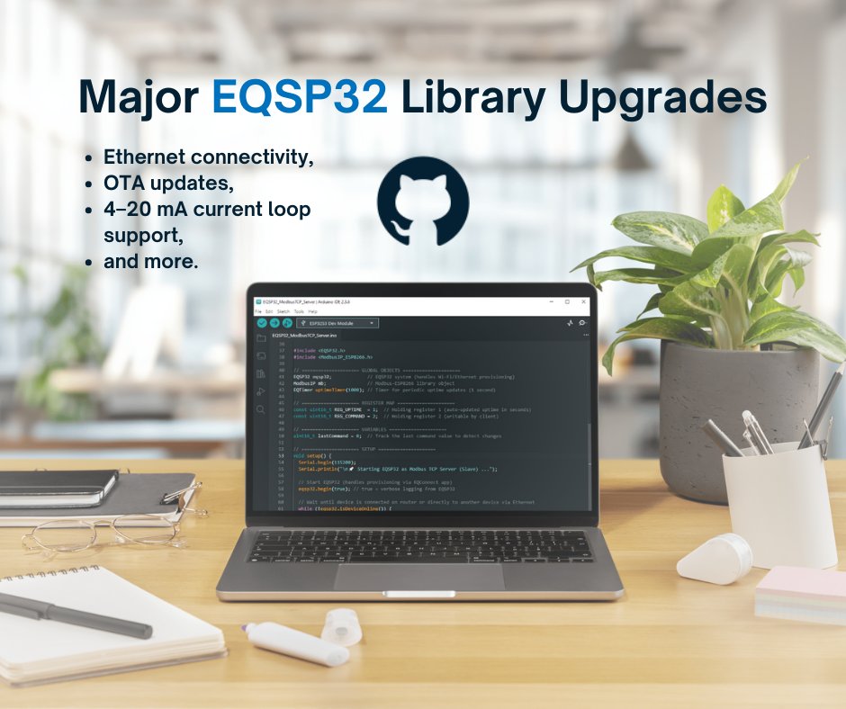 eqsp32's tweet image. 🚀 EQSP32 Library v1.0.x is out!

Now with Ethernet, OTA updates, 4–20 mA inputs, &amp;amp; pulse counter mode for flow meters &amp;amp; sensors.

Stay updated:
github.com/Erqos/EQSP32/r…

#EQSP32 #Erqos #IoT #Automation #PLC #Industry40