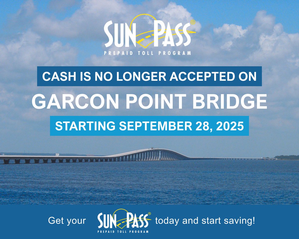 🌉 Electronic tolling has been implemented at the Garcon Point Bridge Toll Plaza. 

Tolls can be paid using SunPass, any other Florida accepted transponder, or TOLL-BY-PLATE. Save money with SunPass! 

Click sunpass.com/en/about/where… to purchase online!