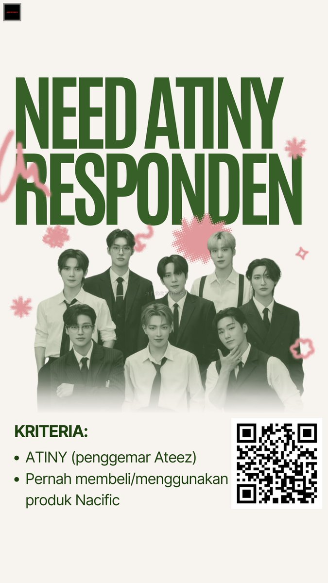 ateezmfs's tweet photo. [az] Halo Atiny✨
Apa ada yang berkenan bantu isi kuesioner ku? Aku perlu 330 responden untuk penelitian tugas akhir ku dan masih jauhh dari target. Penelitian ku masih berkaitan dengan Ateez dan Atiny🩷
Kalau berkenan bisa scan QR code atau komen nanti aku kirim link di DM https://t.co/yLAU6c8I0D