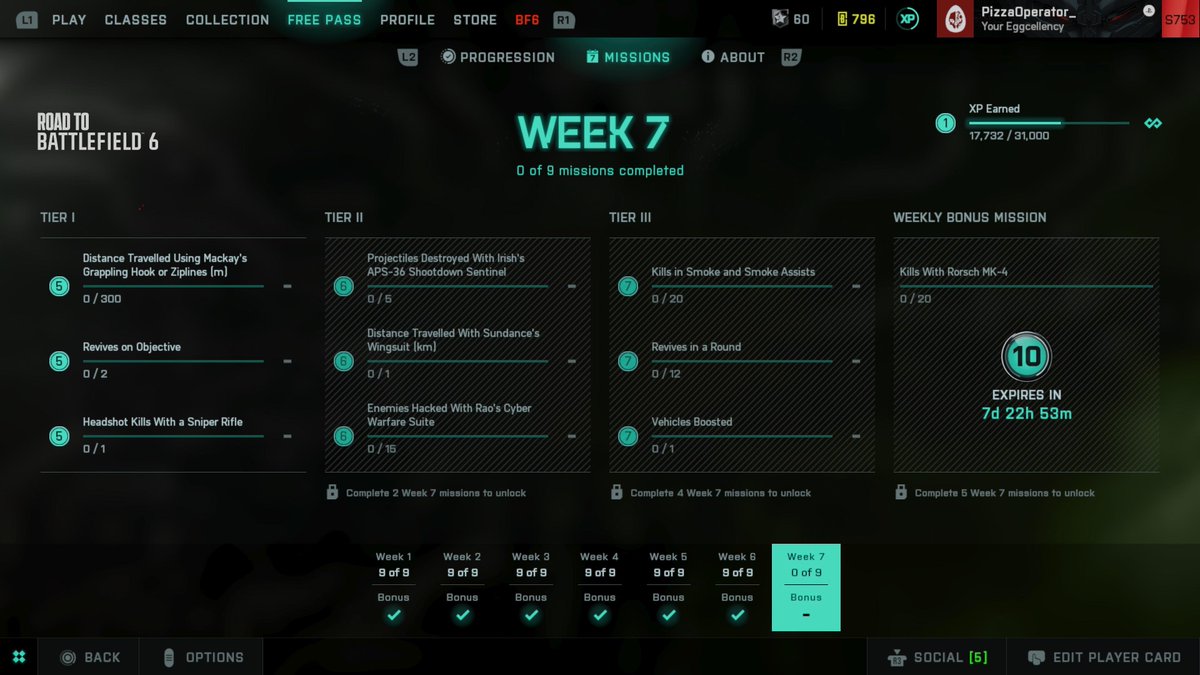 Final Weekly Missions of Battlefield 2042… (I Presume) 

• Become Captain Hook… or Zipline 300m
• Go Watch the Live Action Trailer
• PTFO &amp; Revive
• Pop a Dome with a Sniper Rifle
• PTFO
• Whip Irish’ Sentinel out
• PTFO
• Take a Jet2Holiday with Sundance as the Pilot