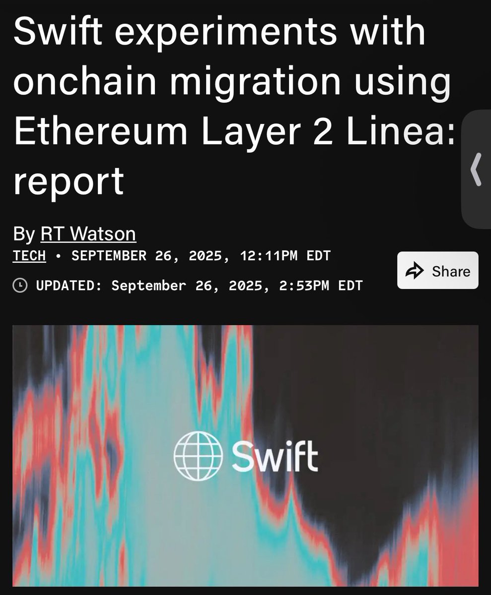 전 세계 11,000개 이상의 은행이 사용하고, 
연간 150조 달러 이상을 이동시키는 SWIFT가, 
온체인 메시징과 결제 테스트를 위해 
$LINEA (이더리움 L2)를 선택했네요.

주요 글로벌 은행들로 
BNP 파리바, BNY 멜론 등
도 이번 파일럿에 참여하고 있고요.

이더리움에 좋은 진전인것 같네요!