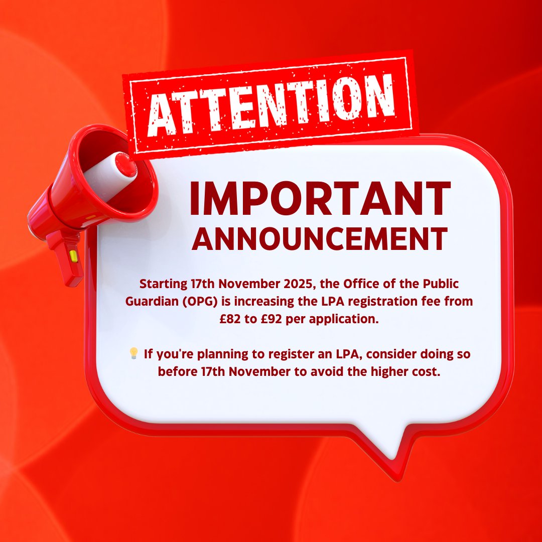🔐 LPA's are vital for protecting your future decisions. Don’t let rising fees delay your peace of mind #LastingPowerOfAttorney #OPG #LegalUpdate #futureplanning