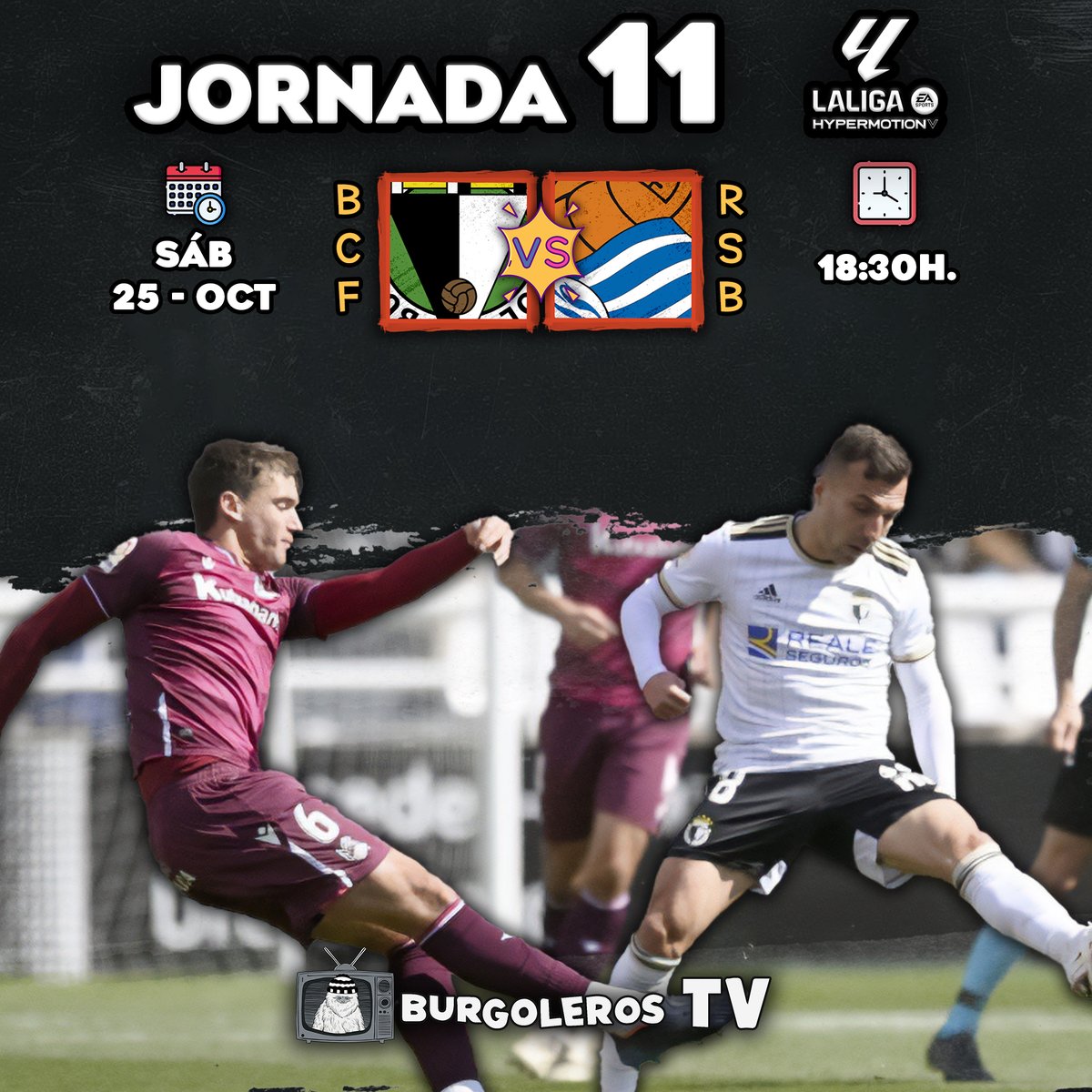 🚨 Ya tenemos horario confirmado para la 𝐉𝐎𝐑𝐍𝐀𝐃𝐀 𝟏𝟏.

🆚 <a href="/RealSociedad/">Real Sociedad Fútbol</a> "B"
🏟 El Plantío
📅 Sábado 25 de Octubre
⌛ 18:30h.

#BurgosCFRealSociedadB