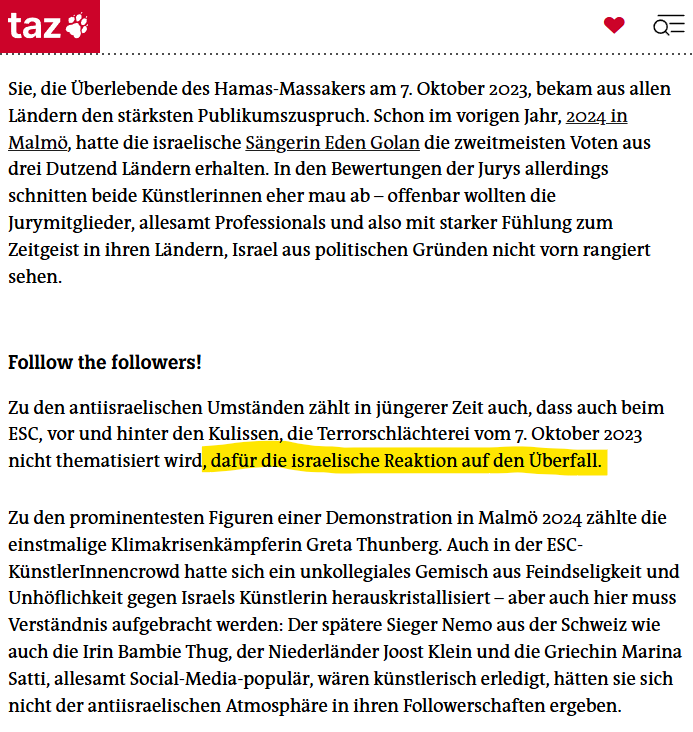 goldi's tweet photo. Mit "Reaktion auf den Überfall" meint die @tazgezwitscher offenbar Israels Genozid in Gaza. (der Rest des Textes ist auch fürchterlich) https://t.co/T1LWwgzWWF https://t.co/p3pHS0JWtB