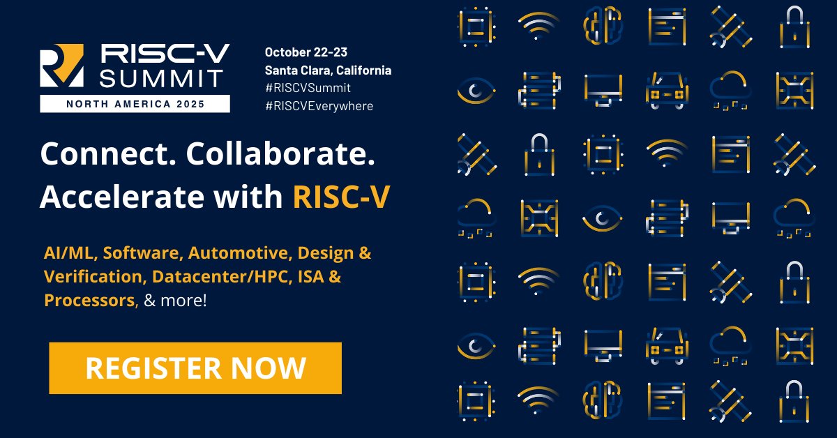 embedded_comp's tweet image. Be part of the future of computing! Join us at RISC-V Summit North America 2025 (Oct 22–23, Silicon Valley) for two days of keynotes, technical talks, hands-on sessions, and networking with the global RISC-V community.
Register now to secure your spot: events.linuxfoundation.org/riscv-summit/r……