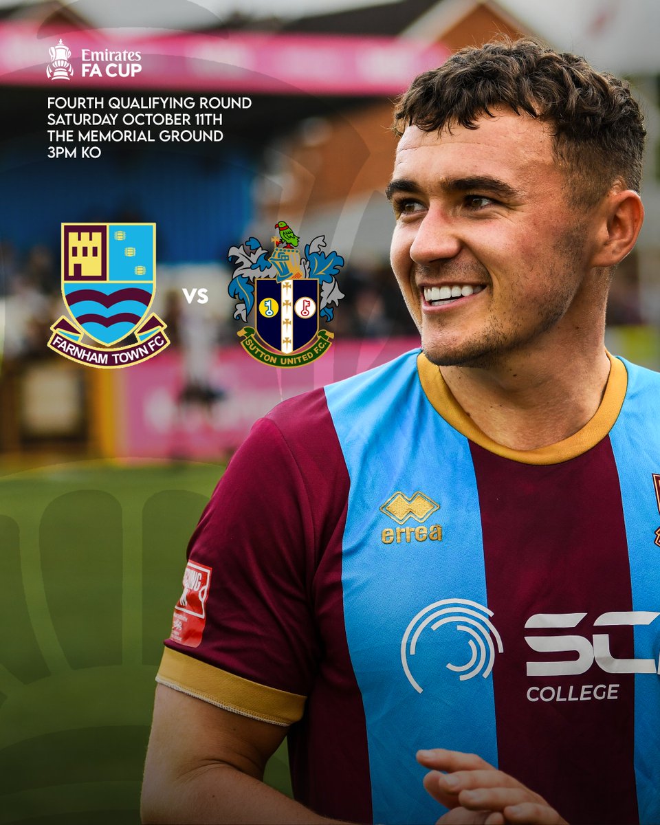 Farnham Town FC (C) (@farnhamtownfc) on Twitter photo π ππ ππ¨π£ ππ₯ππͺ π
We can confirm that @FarnhamTownFc have been drawn AT HOME against <a href="/suttonunited/">Sutton United</a> in the Fourth Qualifying Round of the <a href="/EmiratesFACup/">Emirates FA Cup</a>!
Tie to take place on the weekend of Saturday, October 11th. Ticket details will be released in due course! π ππ ππ¨π£ ππ₯ππͺ π
We can confirm that @FarnhamTownFc have been drawn AT HOME against <a href="/suttonunited/">Sutton United</a> in the Fourth Qualifying Round of the <a href="/EmiratesFACup/">Emirates FA Cup</a>!
Tie to take place on the weekend of Saturday, October 11th. Ticket details will be released in due course!