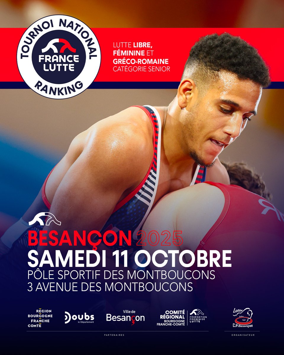 🤼‍♂️ Tournoi National Ranking - Besançon 🤼‍♂️

Le coup d’envoi de cette nouvelle saison sera donné à Besançon le samedi 11 octobre 2025. ⏳

📅 Date limite d’inscription : mardi 7 octobre 2025 🚨.

ℹ️ Infos &amp; Inscriptions 👉 linktr.ee/FranceLutte
