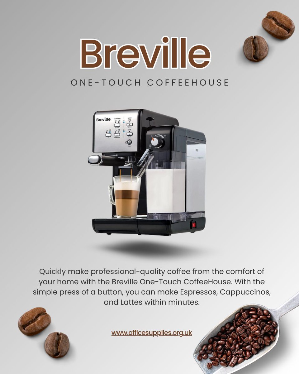 Quickly make professional-quality coffee from the comfort of your home with the Breville One-Touch CoffeeHouse. With the simple press of a button, you can make Espressos, Cappuccinos, and Lattes within minutes.

Shop Below:
officesupplies.org.uk/catering/appli…