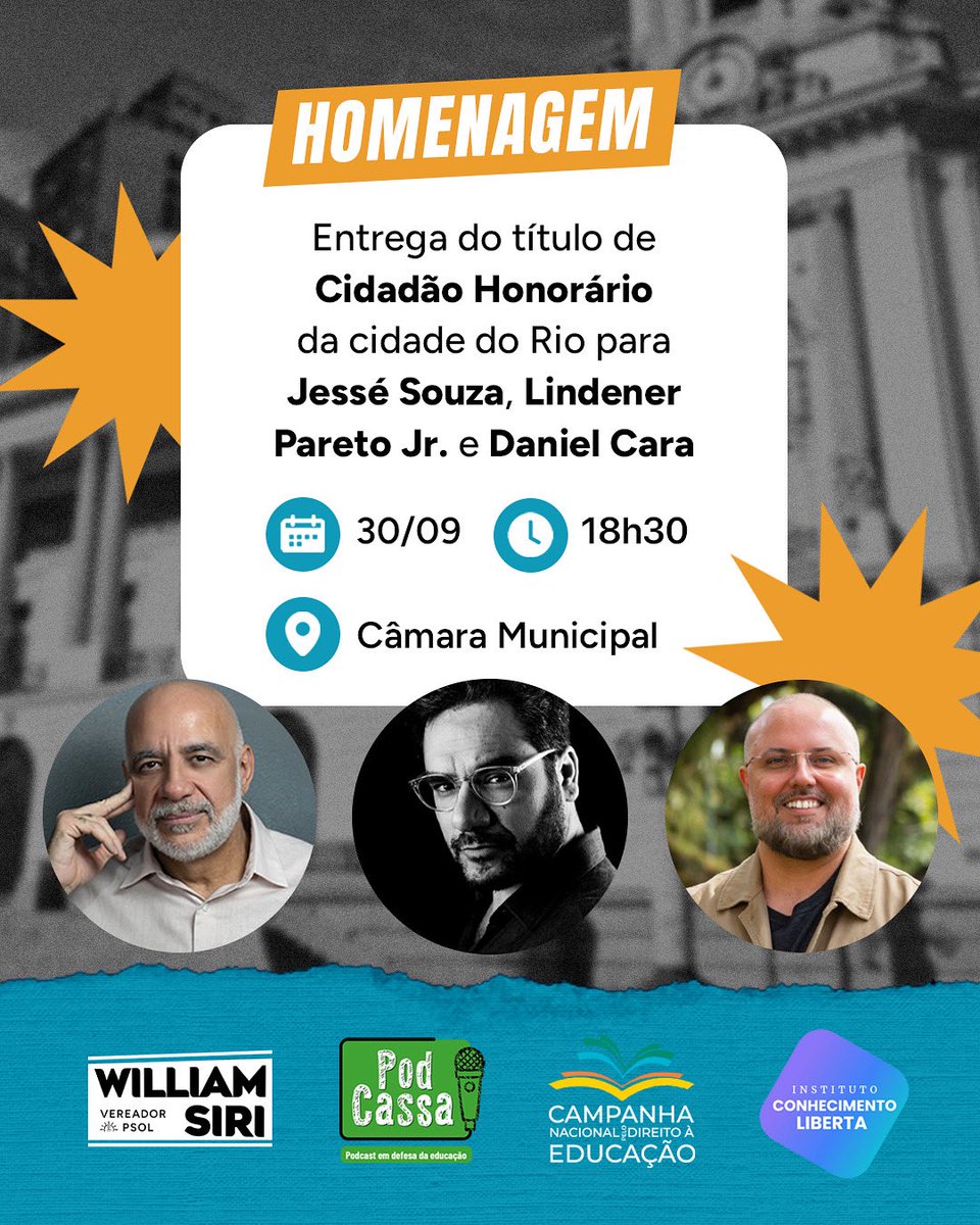 Amanhã é dia de homenagear quem contribui através da Educação e da Cultura para transformar o Rio numa cidade melhor!

Jessé Souza, Lindener Pareto e Daniel Cara vão receber o título de cidadão honorário do município do Rio de Janeiro. Os três possuem trajetórias brilhantes e