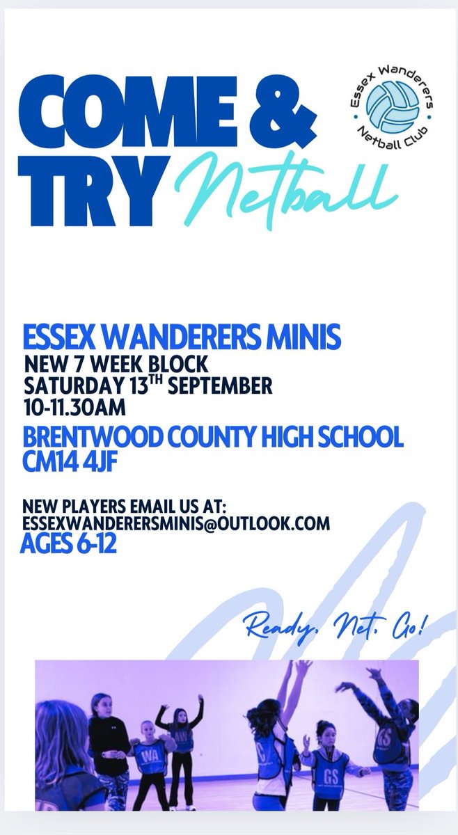 Join Essex Wanderers Mini Netball Sessions for ages 6 to 12. Pre register for sessions by visiting: Essexwanderersminis@outlook.com

Saturdays 10am - 11.30am @ Brentwood County High School CM14 4JF