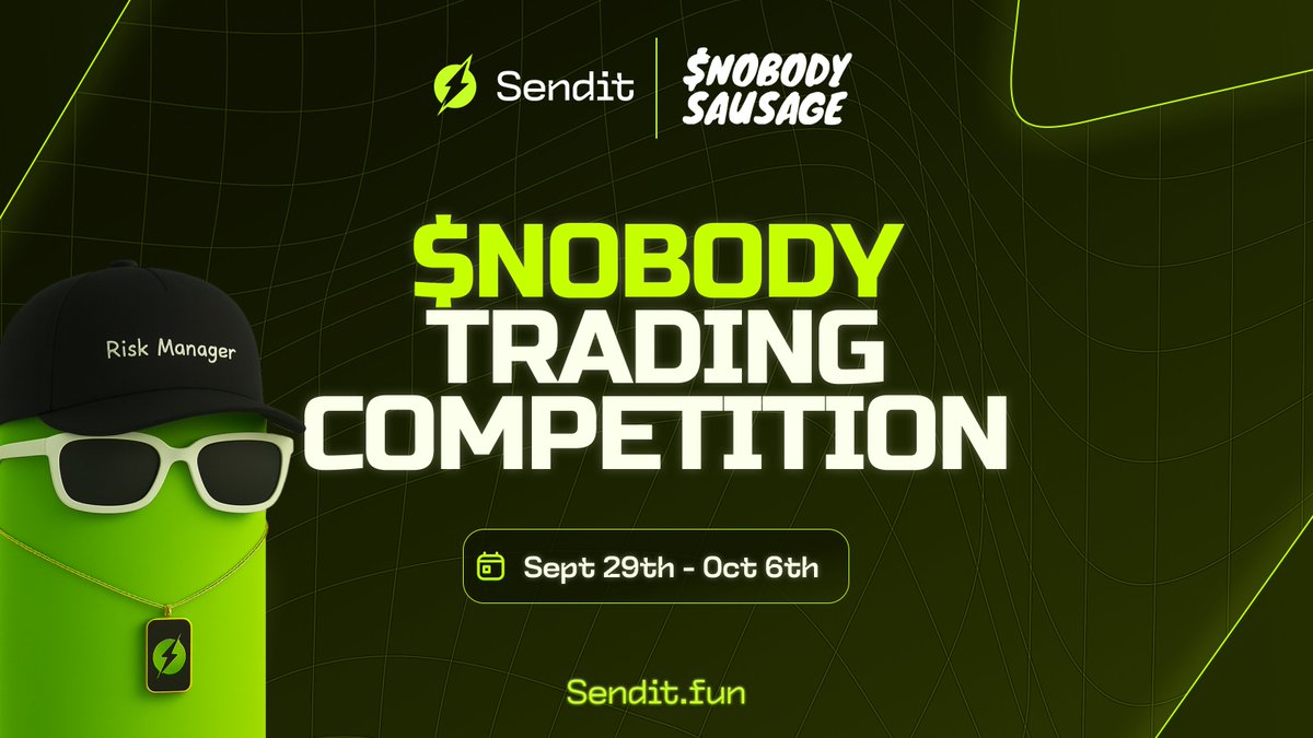 senditfun's tweet image. ⚡️ Sendit @nobodysausage Trading Competition ⚡️

We’re giving away $1,600 in $NOBODY to Sendit traders this week!

How to enter:
✅ Follow @Senditfun
🔁 Retweet this post
📈 Open a $NOBODY trade on Sendit
🖼 Share your PnL banner on X (Trade → Position History → Share button)…